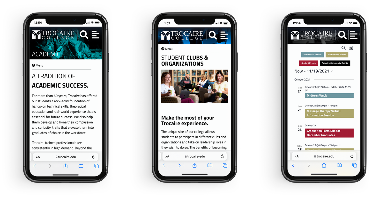 Trocaire College website on mobile devices